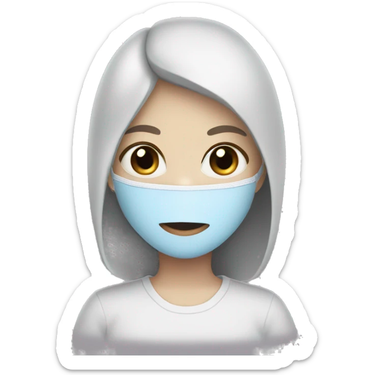 Girl with pale skin, blue eyes, dark brown hair with a face mask sticker