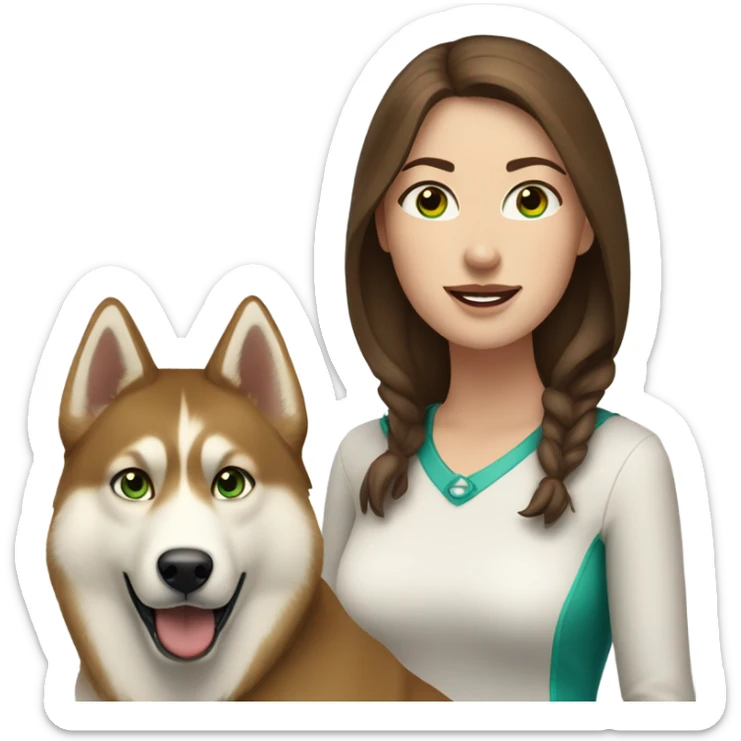 White Woman hair brown and bleus eyes and golden Husky With green eyes sticker