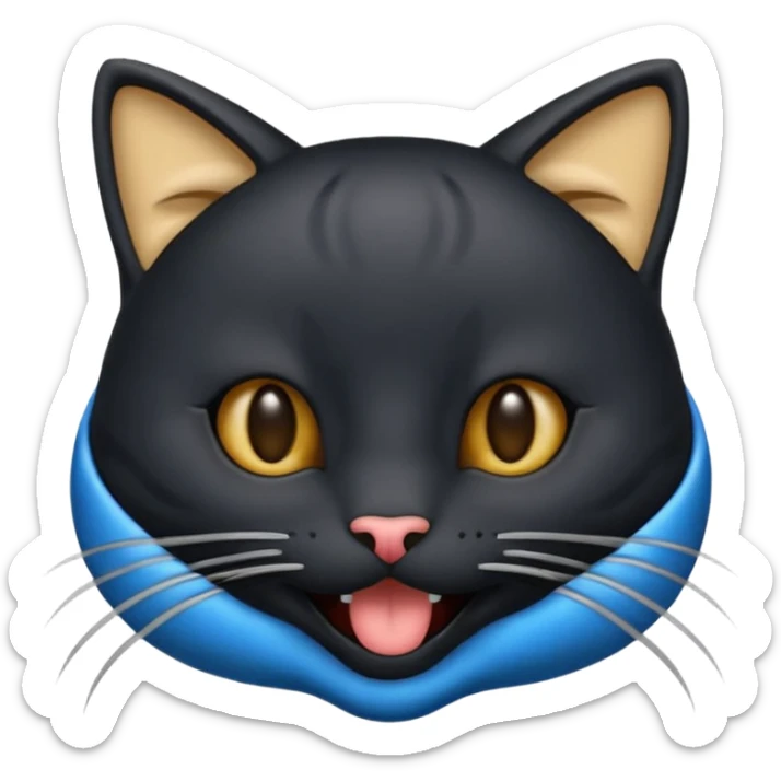 Un emoji de una cara de gato negro riendo a carcajadas, con lágrimas azules brotando de sus ojos cerrados y una boca abierta y sonriente, en el estilo de diseño de emoji clásico. sticker