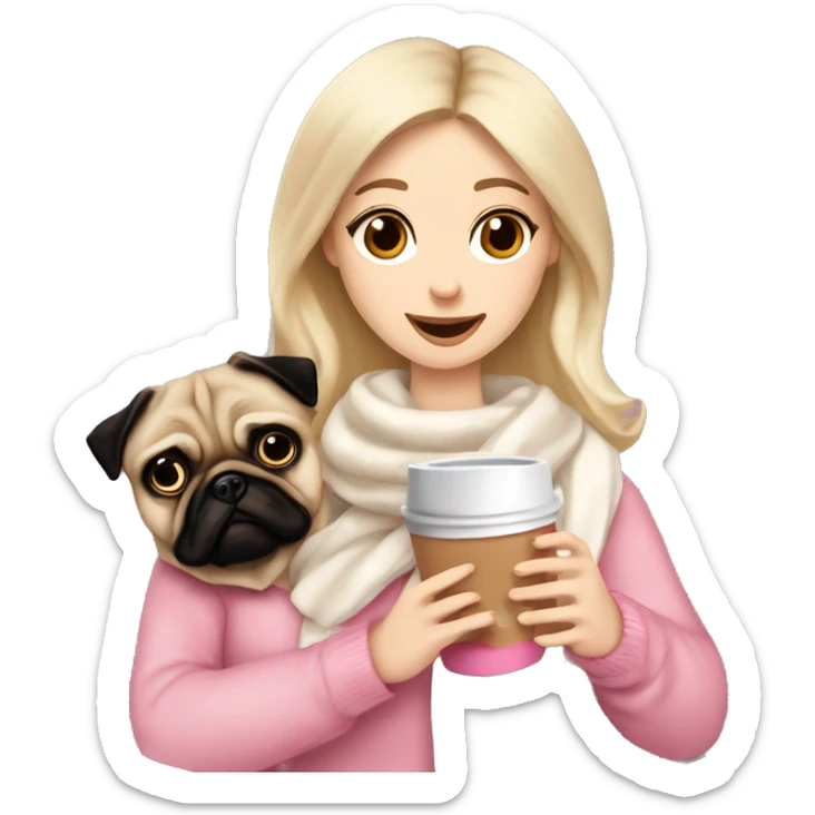 Blonde girl with white scarf pink jumper cup of hot chocolate, marshmallows a flake and cream. With a pug brown dog sticker