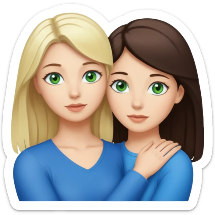Blondynka z zielonymi oczami przytulająca się do brunetki z niebieskimi oczami sticker