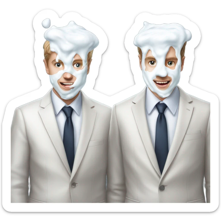 Two men covered in yogurt wearing suits with yogurt on both of their heads, and more yogurt on their suits, but white skin sticker