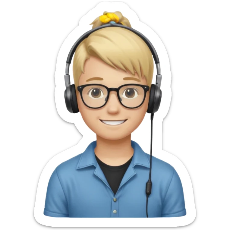 blond hair teen boy pony tail undercut with tattoo on his neck, wearing glasses, strong built, smile warmly with headphone sticker