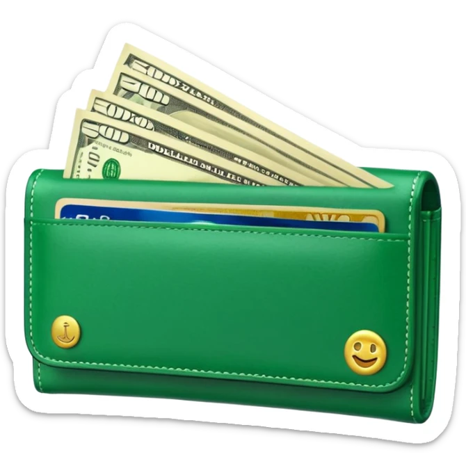 Rich emoji style green leather wallet with dollar bills, luxury money vibe, premium 3D emoji, ultra clean, high detail, no background sticker