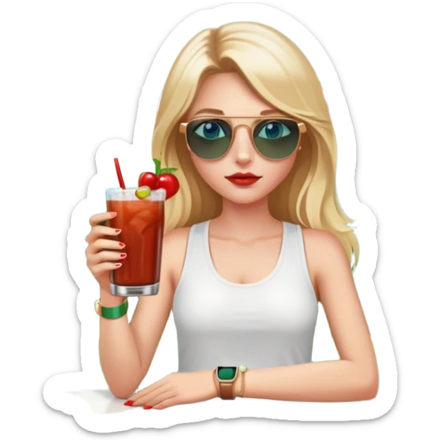 girl with long blond hair
with blue eyes
and aviator sunglasses
wearing white tank top 
holding bloody mary
wearing (rose gold apple watch with forest green band) sticker