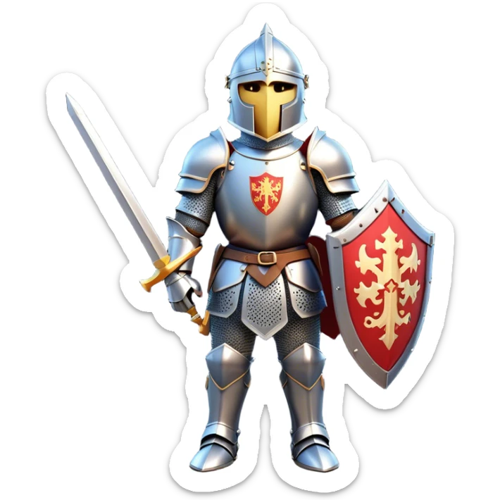 Clash of Clans aesthetic: Cinematic heroic Armored Knight Hero Emoji, rendered in a 3D vector-style similar to standard emojis with minimal shading and bold, simplified shapes. A compact, isometric warrior clad in gleaming plate armor with intricate heraldic details, softly glowing with a chivalrous medieval charm. Simplified yet unmistakably iconic, highly detailed and consistent, glowing with a soft radiant shine and high polish. Stylized with a touch of noble valor and a soft glowing outline, wearing a full face helm so that no face is visible with only eyes visible, capturing the essence of a gallant knight ready for honorable battle with a friendly, playful manner! sticker