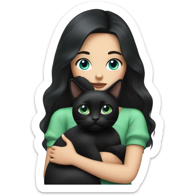 Girl with black hair and blue eyes holding a black cat with green eyes  sticker