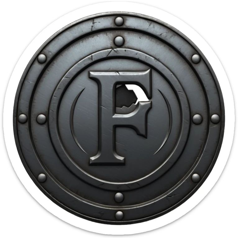 Minimal emoji, gothic metal coin made of black steel, engraved number f at the center, ancient industrial aesthetic, worn metal texture, no glow, no neon, flat emoji design, centered, transparent background sticker