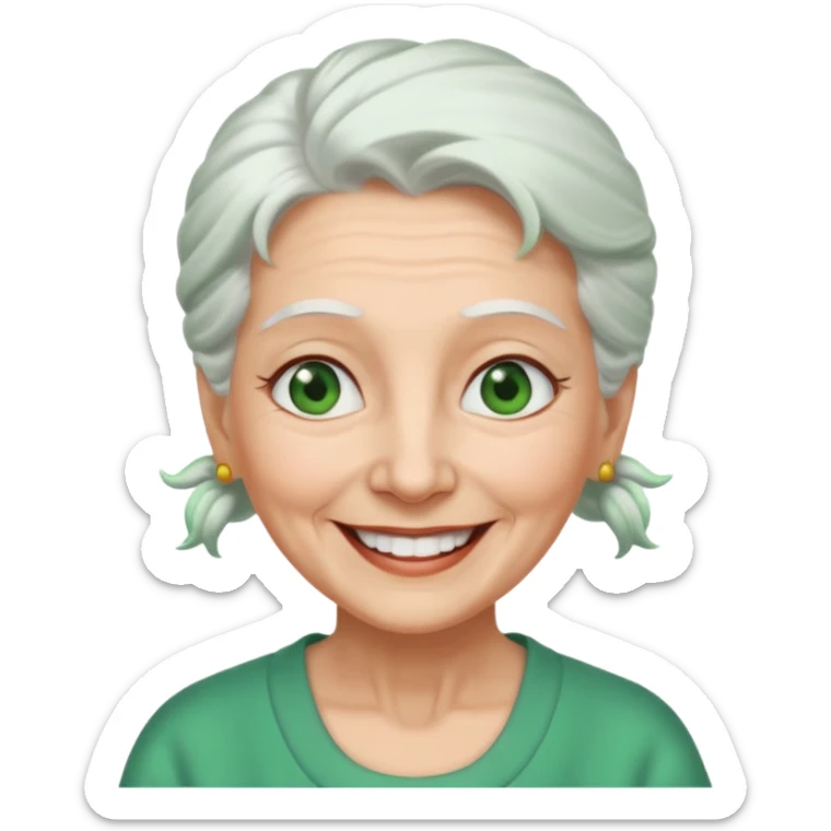 abuela con ojos verdes, pelo blanco, pelo blanco y amarrado, aspecto feliz, pelo blanco, no verde, solo verde los ojos sticker