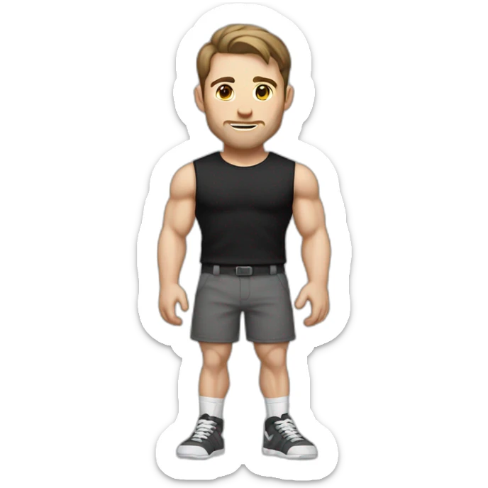 Pale skinned Fit Man With the biceps and dark brown hair in black shirt, gray shorts and white Sneakers sticker