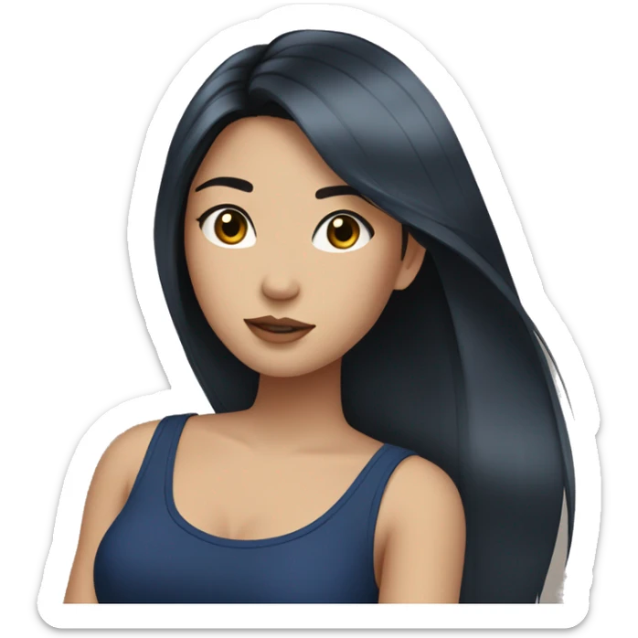 Asian girl with long black straight hair, silver earrings, and a navy tank top sticker