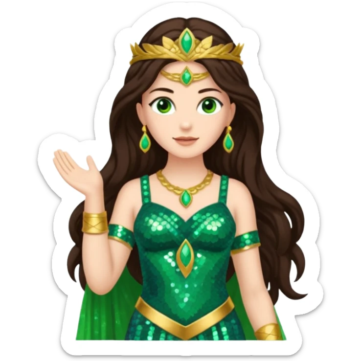 Juno, Goddess of Marriage from Gods and Goddesses with long dark brown hair, green sequin outfit sticker