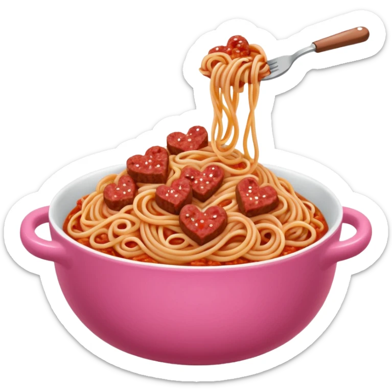 Spaghetti bologonese in heartshaped pink bowl, the bologonese should not be heartshaped sticker