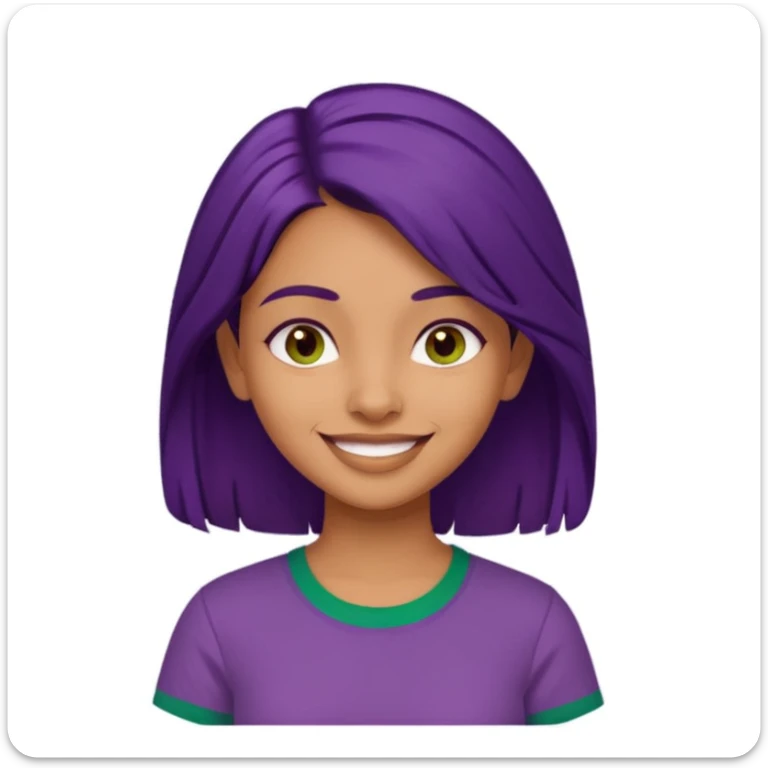 Give me an emoji : a tan skinned indian girl, medium deep purple hair with a green shirt sticker