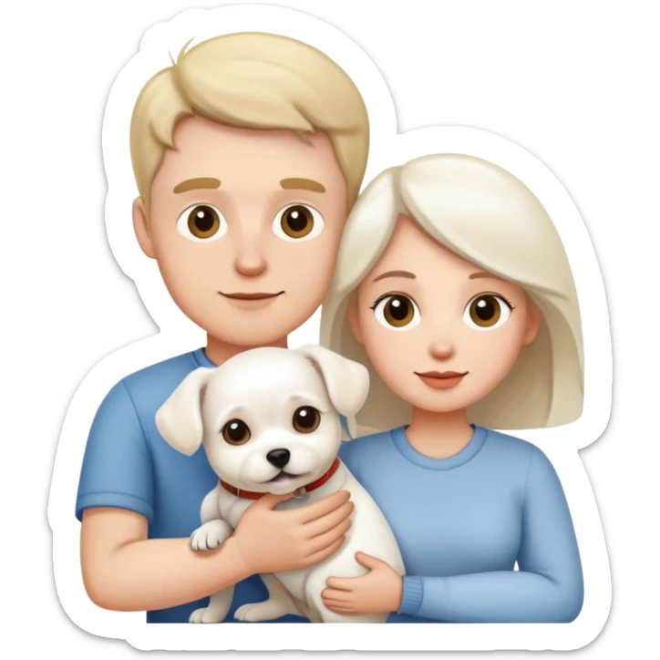 white male and female couple holding little white dog sticker