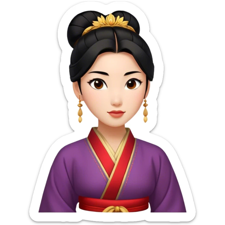 Cinematic Realistic Noble Mulan Portrait, depicted with lifelike, warm light-toned skin that reveals subtle texture and natural shadows. Her sleek black hair is intricately styled into a traditional bun with every strand rendered in exquisite detail, and her almond-shaped eyes, full of quiet resolve, are softly illuminated. She wears a meticulously detailed traditional robe with delicate red and gold accents, its rich fabric textures and gentle folds catching the light beautifully. The portrait radiates a natural, enchanting glow, capturing Mulan’s inner strength and timeless grace in a realistically painterly style. sticker
