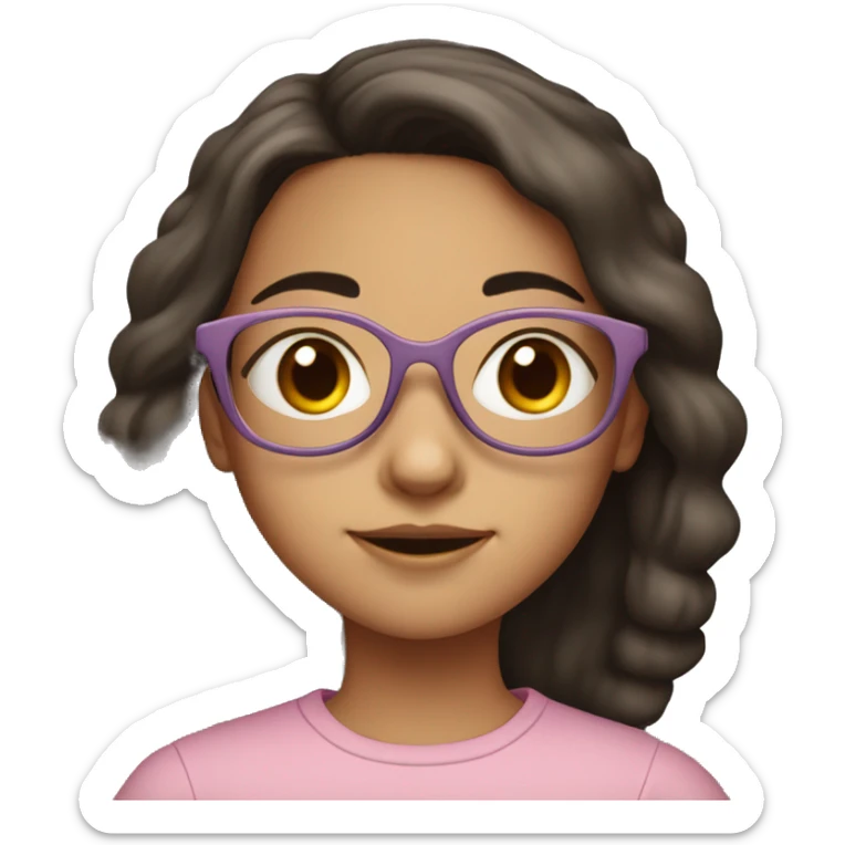 A young girl, around 10-12 years old, with shoulder-length dark hair and wearing light pink-framed glasses. She has a calm and neutral expression sticker