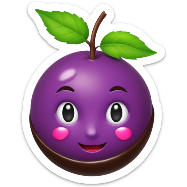 playful emoji-style açaí berry bonbon, deep purple shiny berry, bottom half dipped in dark chocolate, small green leaf on top, clean glossy modern emoji look sticker