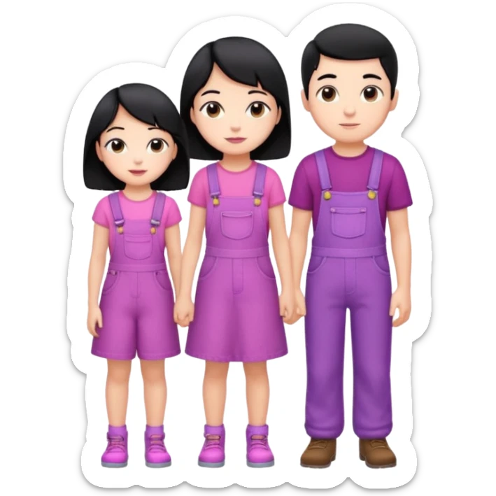 A short boy with black hair in pink overalls standing next to a really tall girl in a purple dress sticker