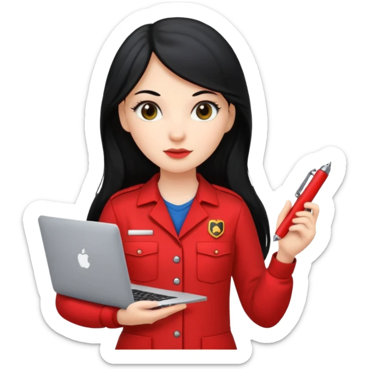 Gere um emoj estilo IOS de uma garota branca, de longos cabelos pretos vestida com um uniforme vermelho de mecanica. Ela deve segurar em uma das maos um mackbook e na outra uma caneta sticker