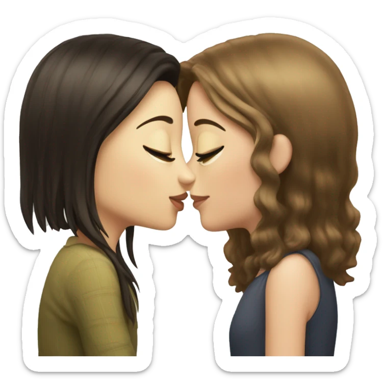 Short long haired brunette girl kisses tall short haired white skin girl sticker