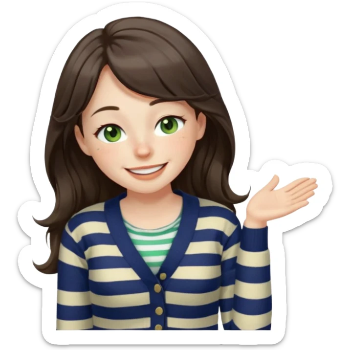 Gorgeous brunette girl green eyes pale with freckles, eyes shut tight happily smiling, striped cream and navy blue cardigan and cream shirt, with swoop bangs and long wavy hair laughing eyes squinted closed, one hand placed on stomach sticker