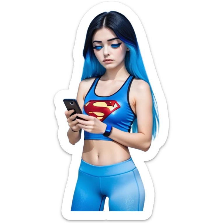 Shameful disappointed crying-very very very very big chest-texting on a samsung cell phone-very long straight flowing black to sky blue hair ombre-blue eyes-black eyeliner-long eyelashes-plastic sparkling sky blue very low cut tank top with sparkling superman logo-black leggings-nike sneakers sticker