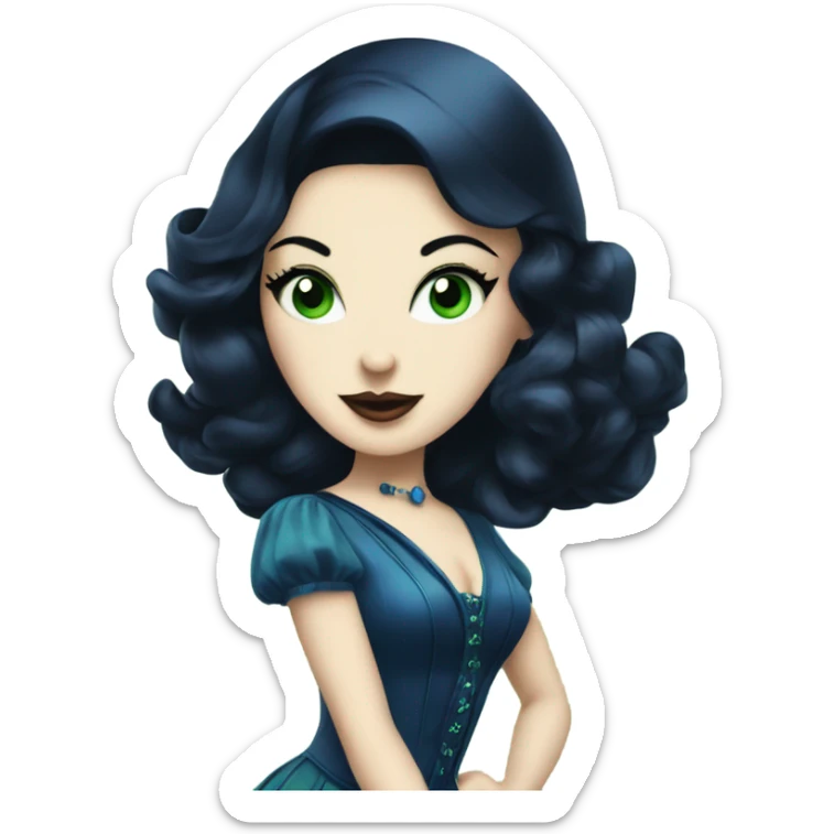 Burlesque dancer wearing blue with black hair, pale skin, and green eyes in a dark blue vintage costume dancing sticker