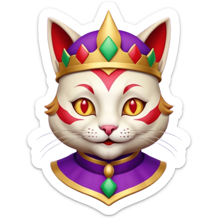 crazy colorful cute little cat jolly joker from poker, medieval, vintage, court jester, mac os icon, purple, gold and red color, half body. Squared shape as 3D mac os icon, symmetrical sticker