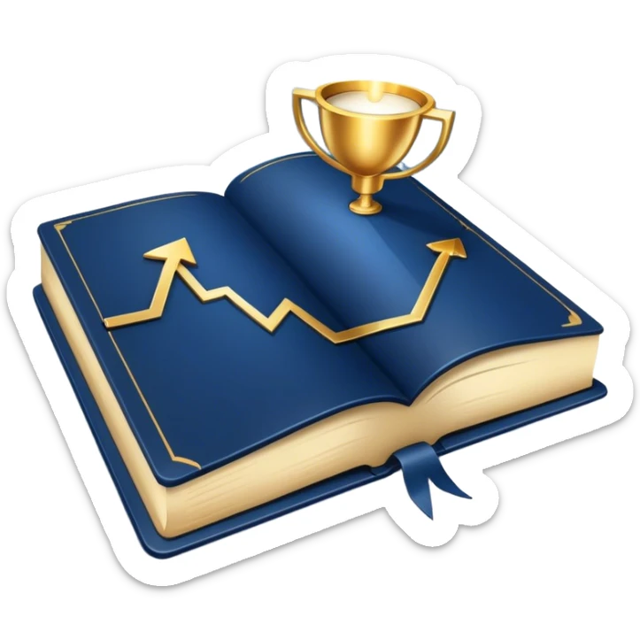 A navy blue productivity book with gold details, chart with upward trend aura, radiating productivity, strategy, and success in motion- sticker