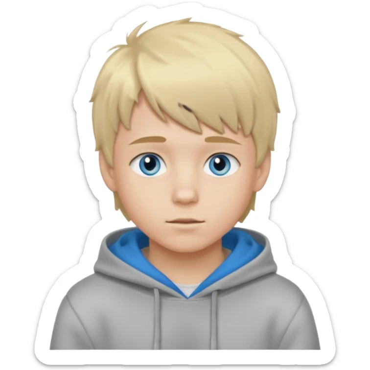 Teen boy with blue eyes and Grey hoodie standing up with blond short hair and fluffy bangs sticker
