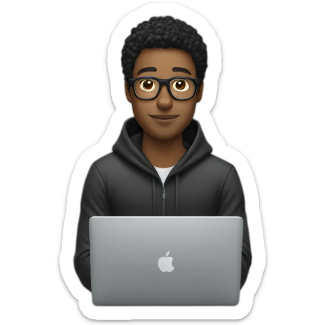 White Man with black carly hair wearing glasses and hoodie sit Infront of laptop sticker