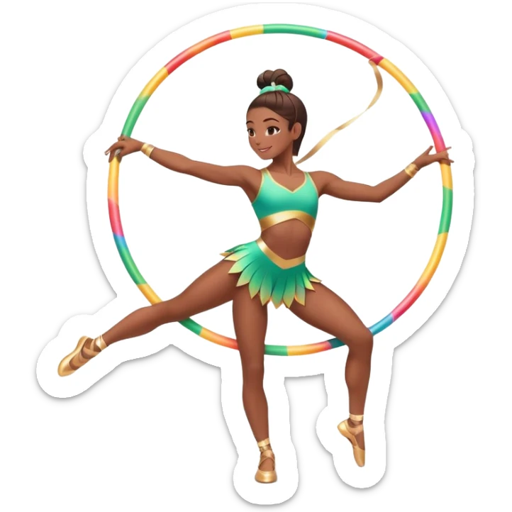 An energetic gymnast performing aerobics with a hula hoop. The gymnast is spinning the hoop around their waist in an elegant pose. The background is a lively fitness studio with colorful lights and an active atmosphere, showcasing movement and grace. sticker