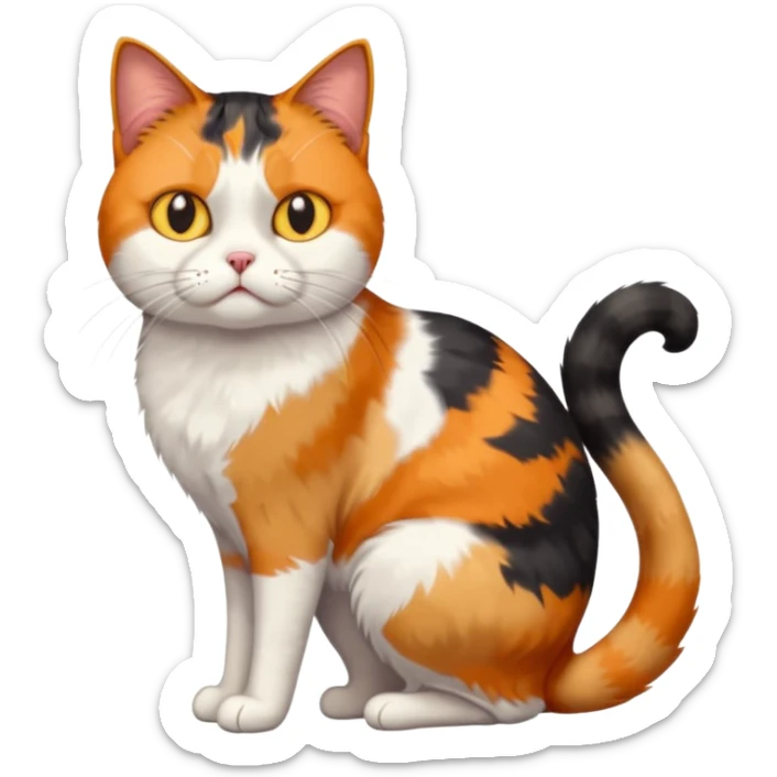 full body colourful calico cat with skinny head and fat body with an anxious face sticker