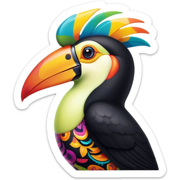 Cinematic Noble Toucan Portrait Emoji, Poised and regal, with a vibrant, striking beak and a sleek, colorful body adorned with bold patterns and keen, observant eyes, Simplified yet sharp and sophisticated features, highly detailed, glowing with a soft, tropical radiance, high shine, intelligent and majestic, stylized with an air of exotic elegance, focused and alert, soft glowing outline, capturing the essence of a watchful and confident avian guardian that appears ready to take flight out of the screen with effortless authority! sticker