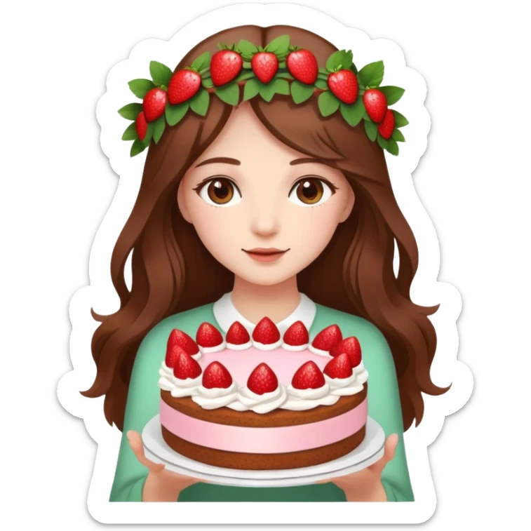 A beautiful girl with long brown hair and a wreath holding a strawberry cake sticker