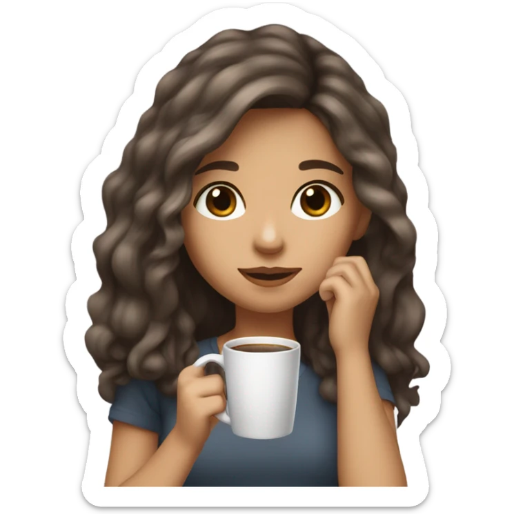 A girl with brown hair with dark gray highlights, fair skin, long, soft, beautiful hair, soft lips, brown eyes, drinking coffee, and a small nose. sticker