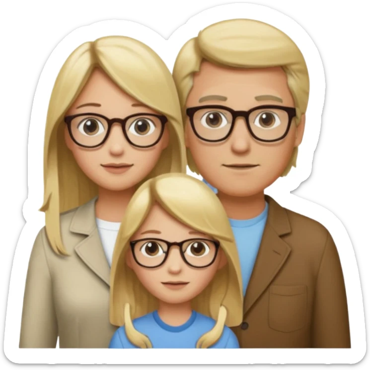 je voudrai un emoji d'une fille aux cheveux longs et blonds avec des lunettes en FAMILLE avec un papa chatain une maman blonde et un frère blond sticker