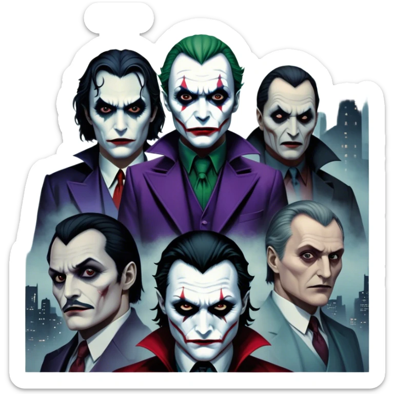 Thriller Movie Icon: A dark, intense collage with close-up images of iconic thriller characters like Joker, Hannibal Lecter, and Vlad Dracula. The background features a moody Gotham City skyline, with shadowy figures and fog. Atmospheric, suspenseful tone. Transparent background. sticker