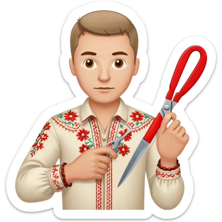 Ukrainian man in traditional vyshyvanka embroidered shirt holding red scissors in one hand and a spanner in the other hand sticker