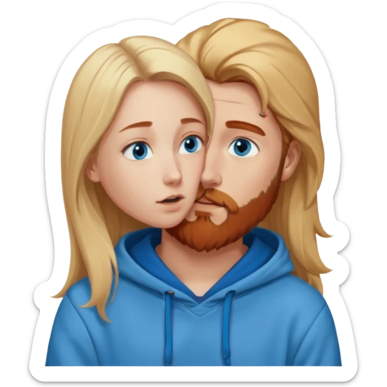 Long-pale-blonde hair, beautiful girl with blue eyes-wearing a light blue hoodie, facing, kissing reddish-brownish hair and beard boy blue eyed white guy in a dark blue hoodie sticker