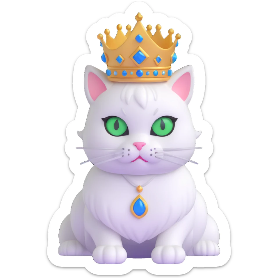 white cat with one green eye and one blue eye, wearing a princess crown sticker