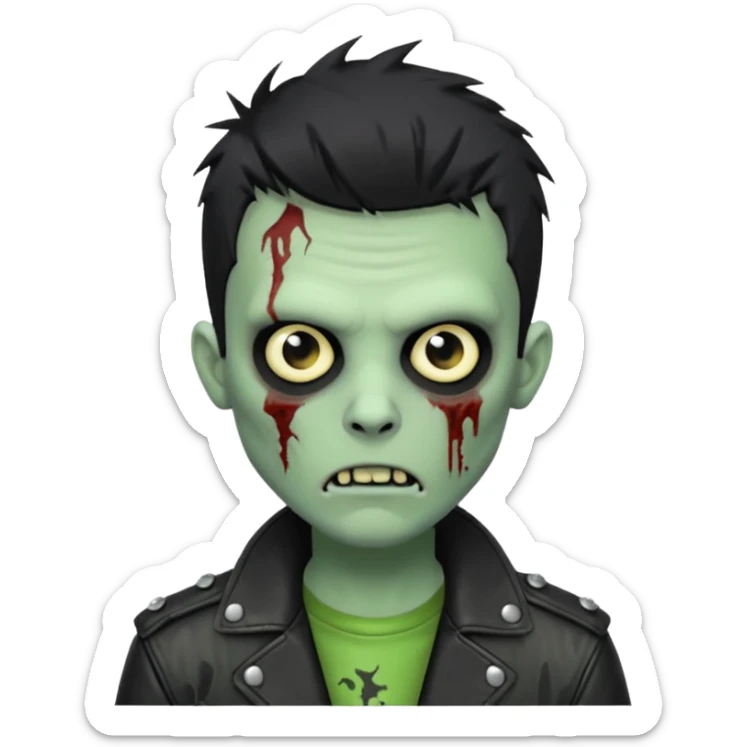 Hombre zombie de piel verde con chaqueta de cuero punk, pelo corto negro sticker