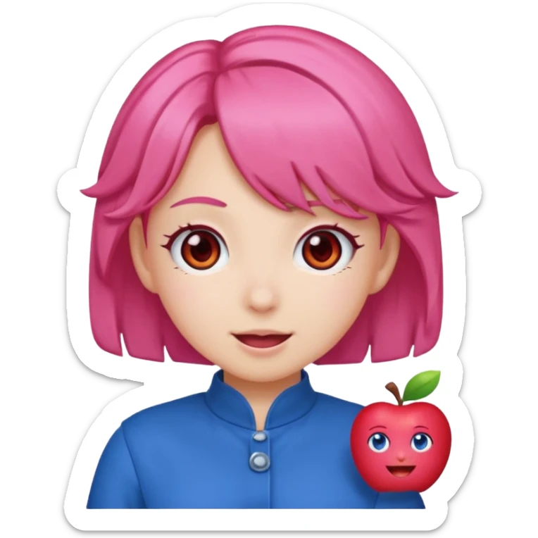 Teto Kasane emoji, apple style, pink twin-drill hair, red eyes, blue outfit, cheerful expression sticker