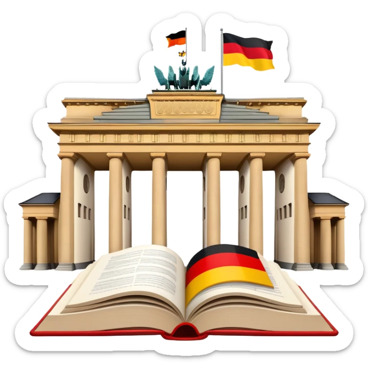 An icon featuring the Brandenburg Gate and the big flag of Germany, symbolizing the German language. The design includes an open book with German text representing language learning and German culture. Transparent background highlights the essence of German heritage. sticker