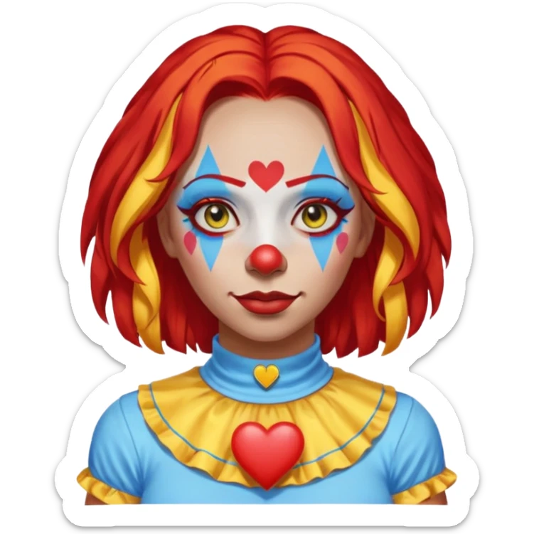 wendy thomas  the clown from gta rp nopixel she has a blue sun on covering right eye with three yellow lines below her right eye and above her left eye. she has long bright red hair and light blue eyes with a heart choker sticker