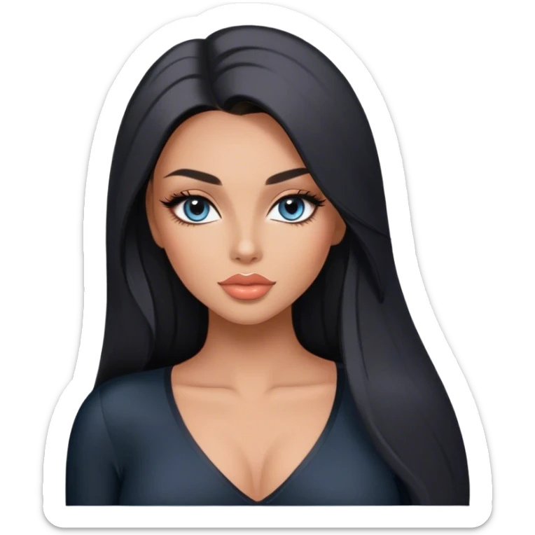 Glamours, tanned, very beautiful girl, with big pump peach-beige-rose lips, long long lashes, black straight smooth silky long hair, straight parting hair, blue-grey eyes in black long-sleeves v-neck bodysuit sticker