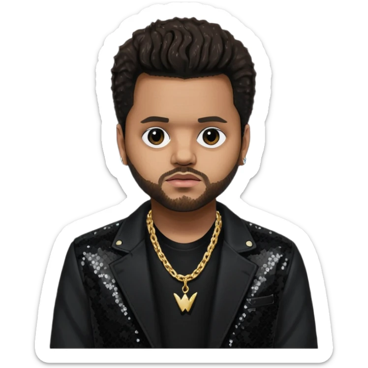 The Weeknd with black sequin jacket, black shirt with necklace, dark brown hair sticker