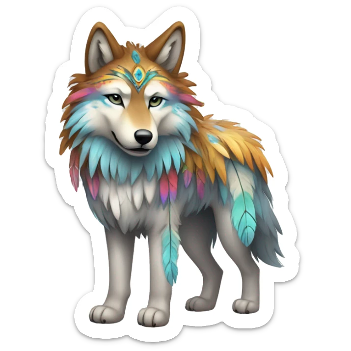 Fluffy Shy Colorful Spiritual Shamanic Wolf With Shiny Tribal Markings wearing feathers Full Body sticker