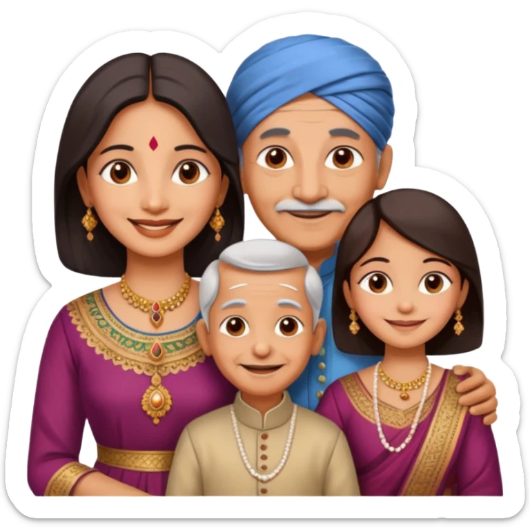 Indian family with a 70 years old father and mother and a 40 years old daughter. They wear a traditional dress. They are smiling. sticker